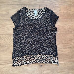 Chico's Top Size 1 (M) Black/Brown Knit Kit Leopard Surprise Lace Overlay